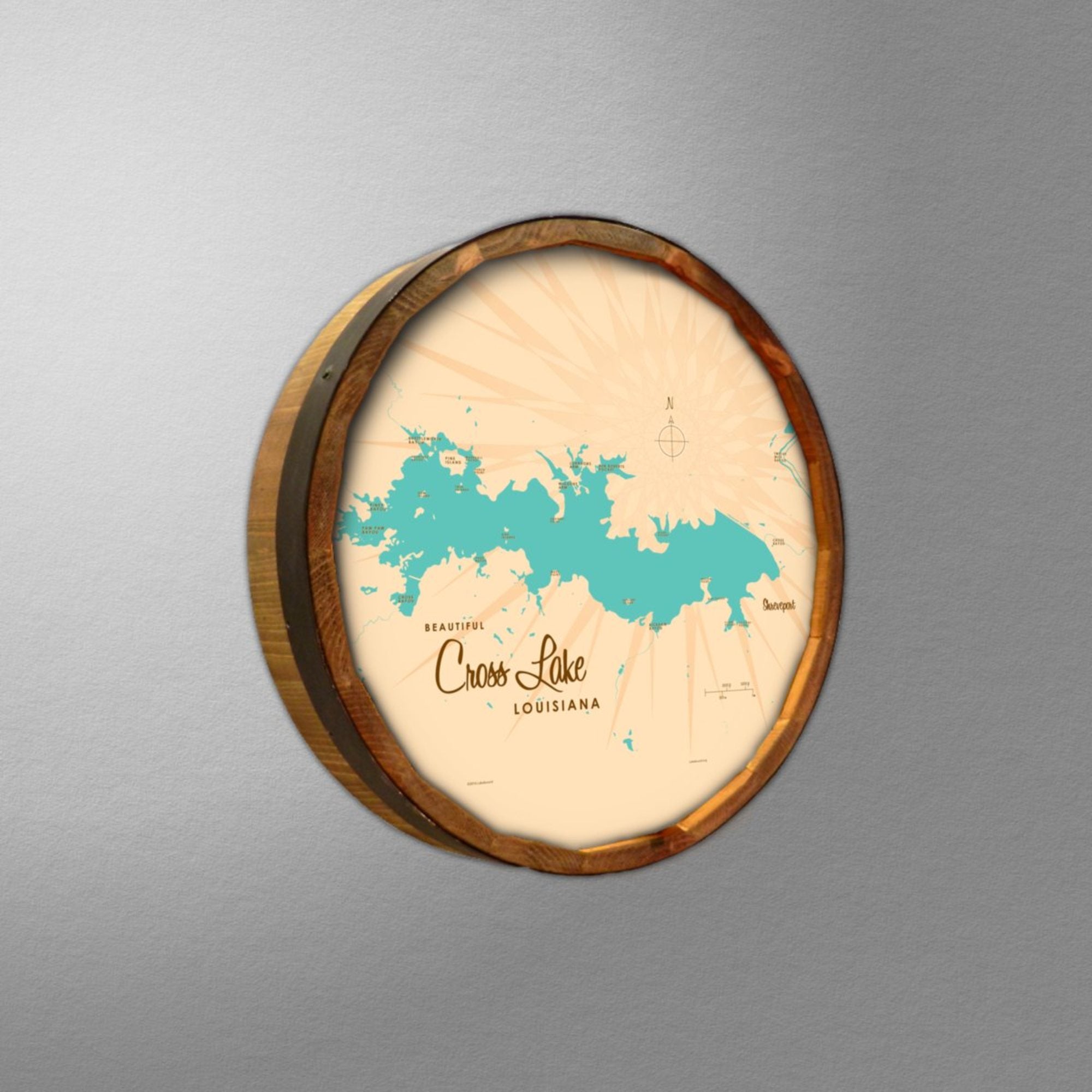 Cross Lake Louisiana, Barrel End Map Art
