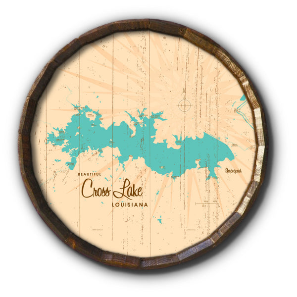 Cross Lake Louisiana, Rustic Barrel End Map Art