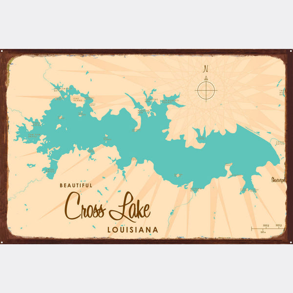 Cross Lake Louisiana, Rustic Metal Sign Map Art