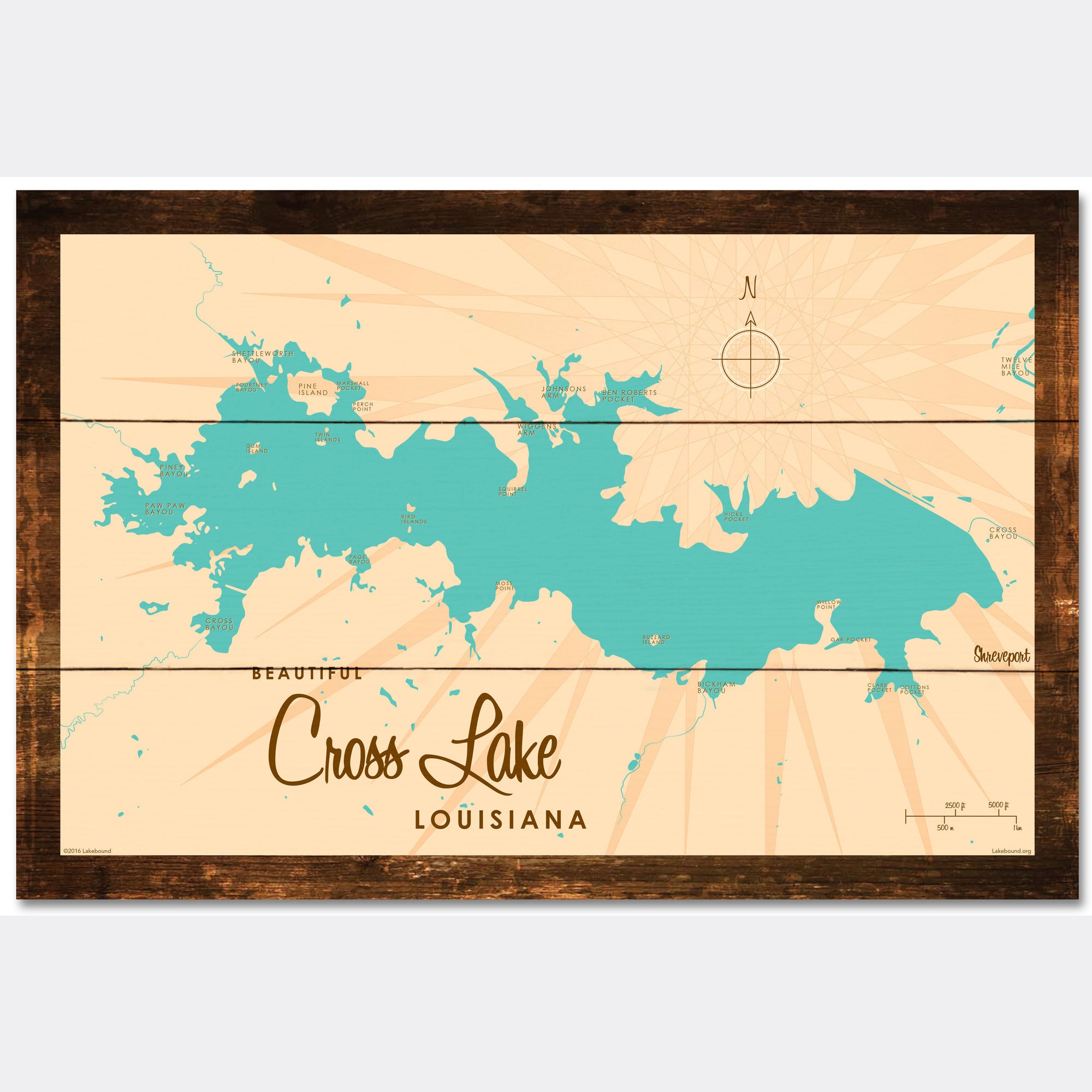 Cross Lake Louisiana, Rustic Wood Sign Map Art