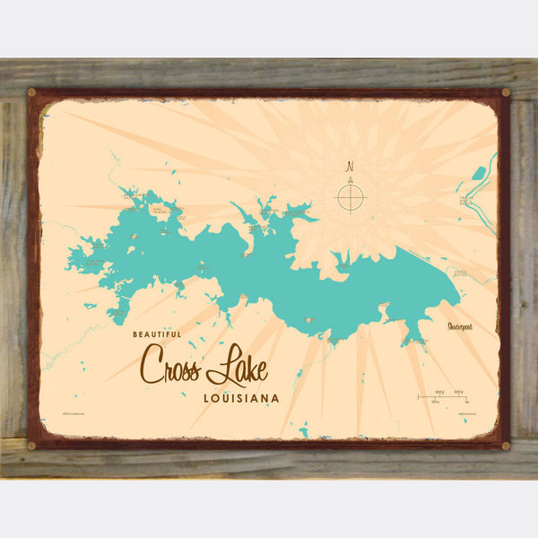 Cross Lake Louisiana, Wood-Mounted Rustic Metal Sign Map Art
