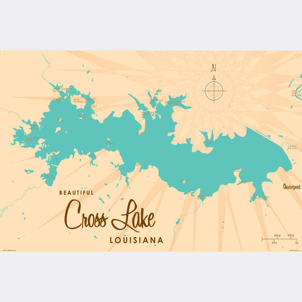 Cross Lake Louisiana, Metal Sign Map Art