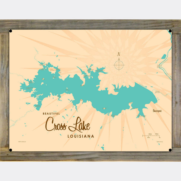 Cross Lake Louisiana, Wood-Mounted Metal Sign Map Art