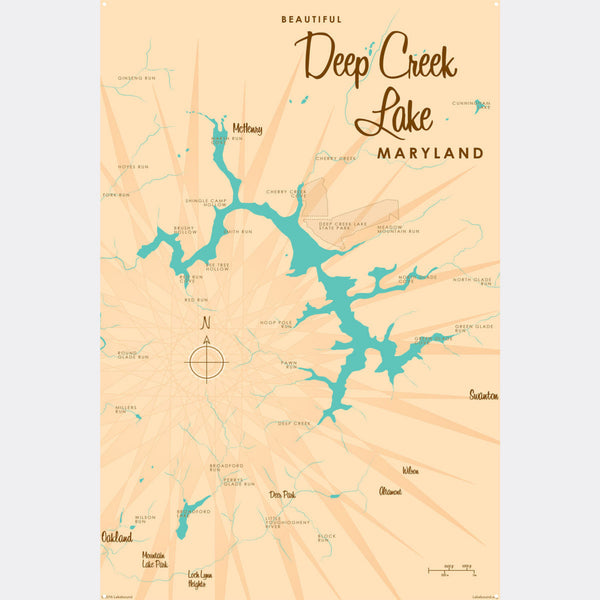 Deep Creek Lake Maryland, Metal Sign Map Art