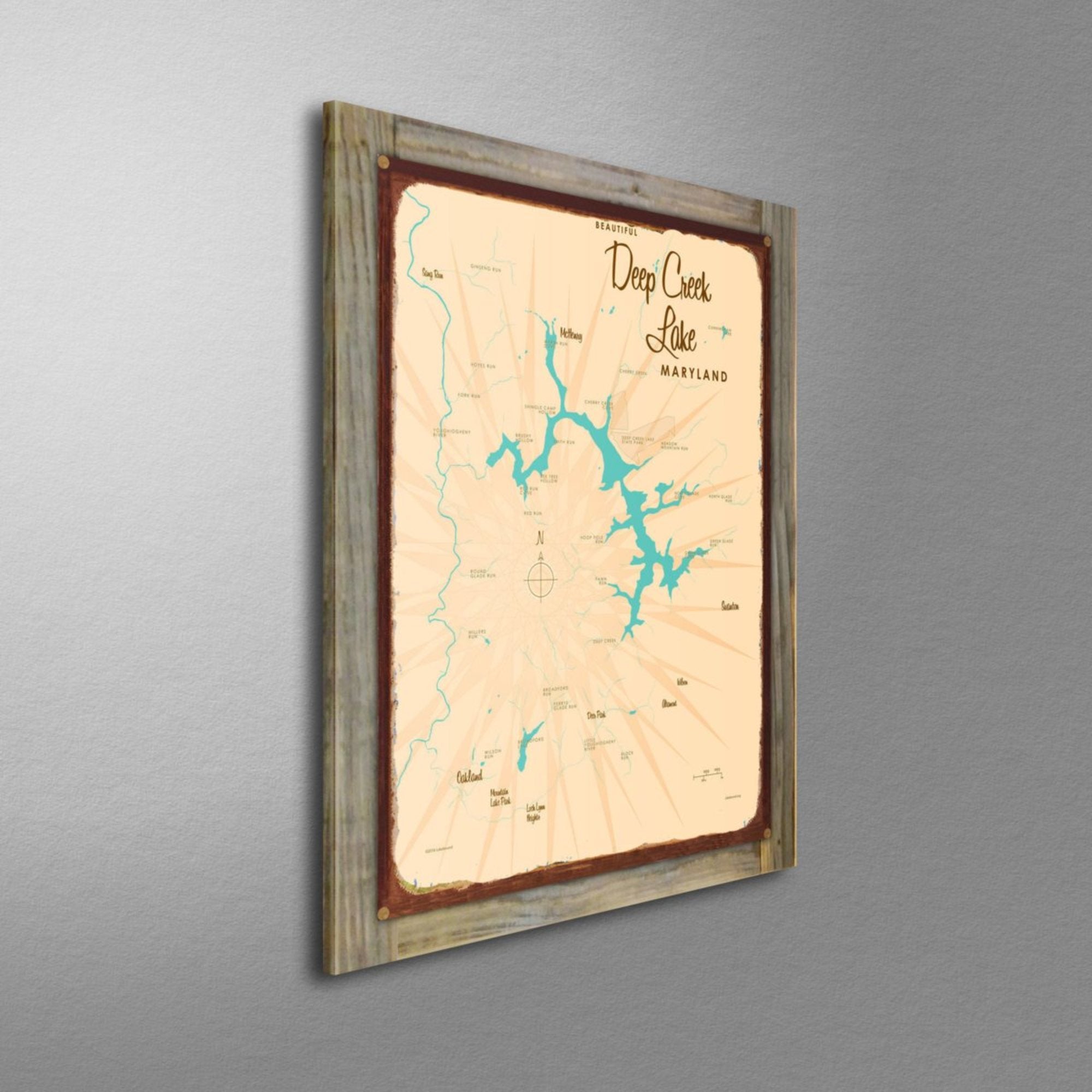 Deep Creek Lake Maryland, Wood-Mounted Rustic Metal Sign Map Art