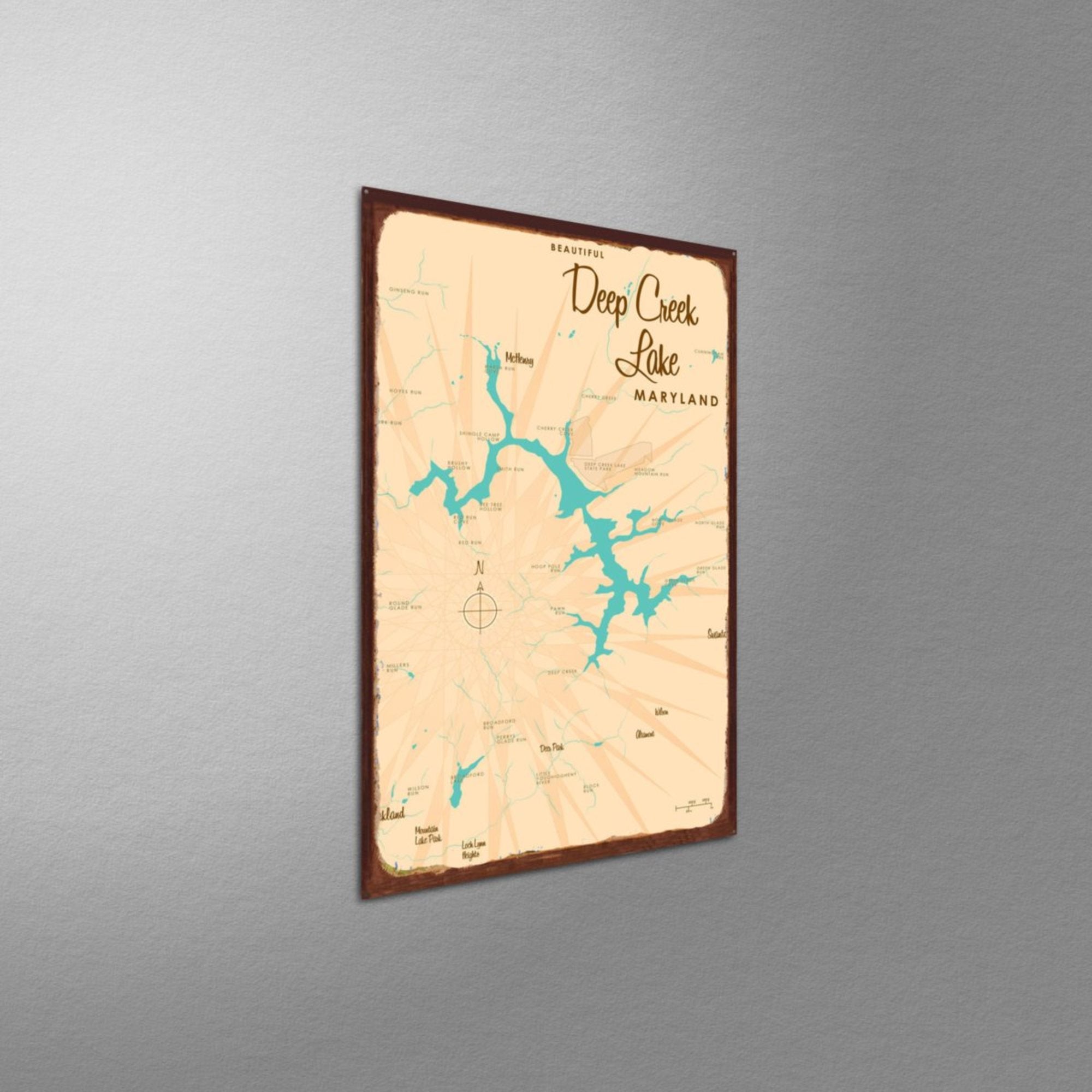 Deep Creek Lake Maryland, Rustic Metal Sign Map Art