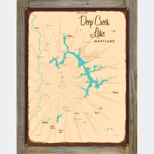 Deep Creek Lake Maryland, Wood-Mounted Rustic Metal Sign Map Art