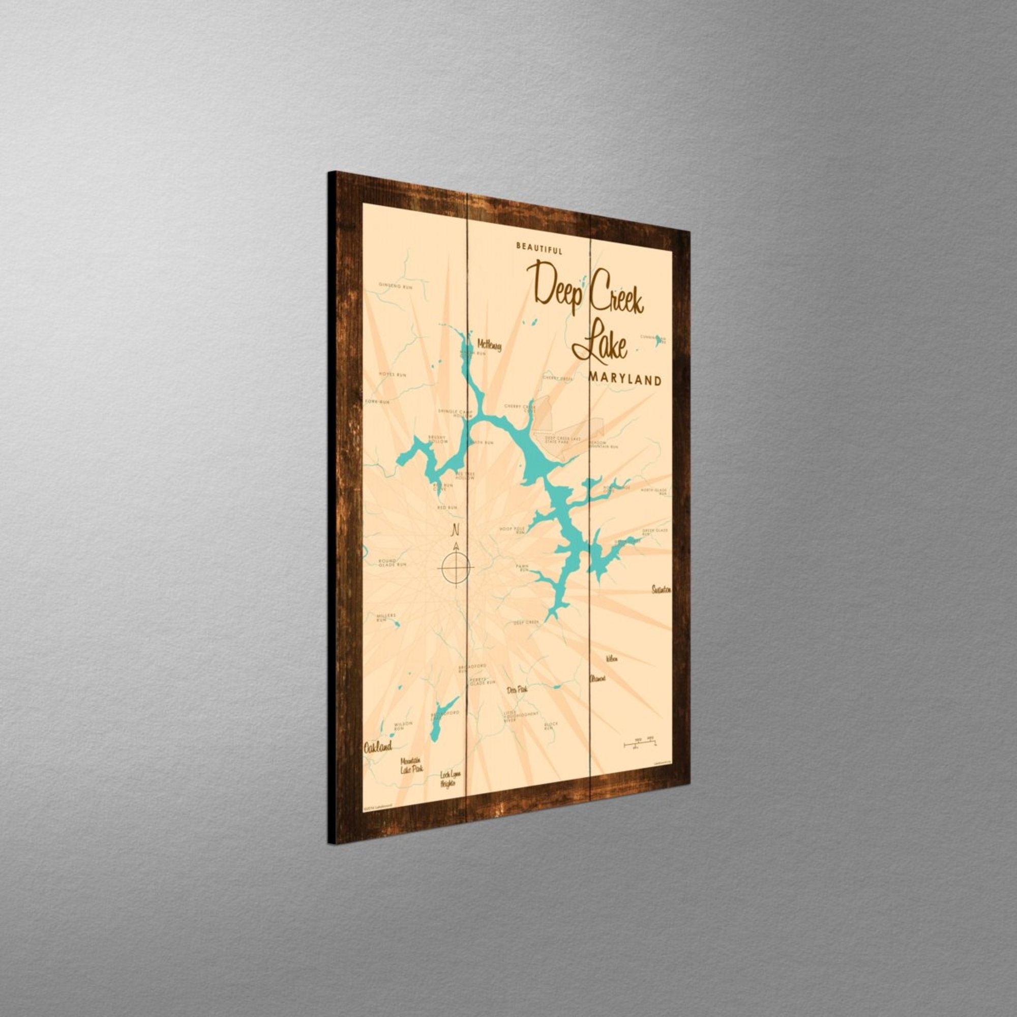 Deep Creek Lake Maryland, Rustic Wood Sign Map Art