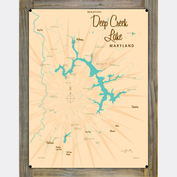 Deep Creek Lake Maryland, Wood-Mounted Metal Sign Map Art
