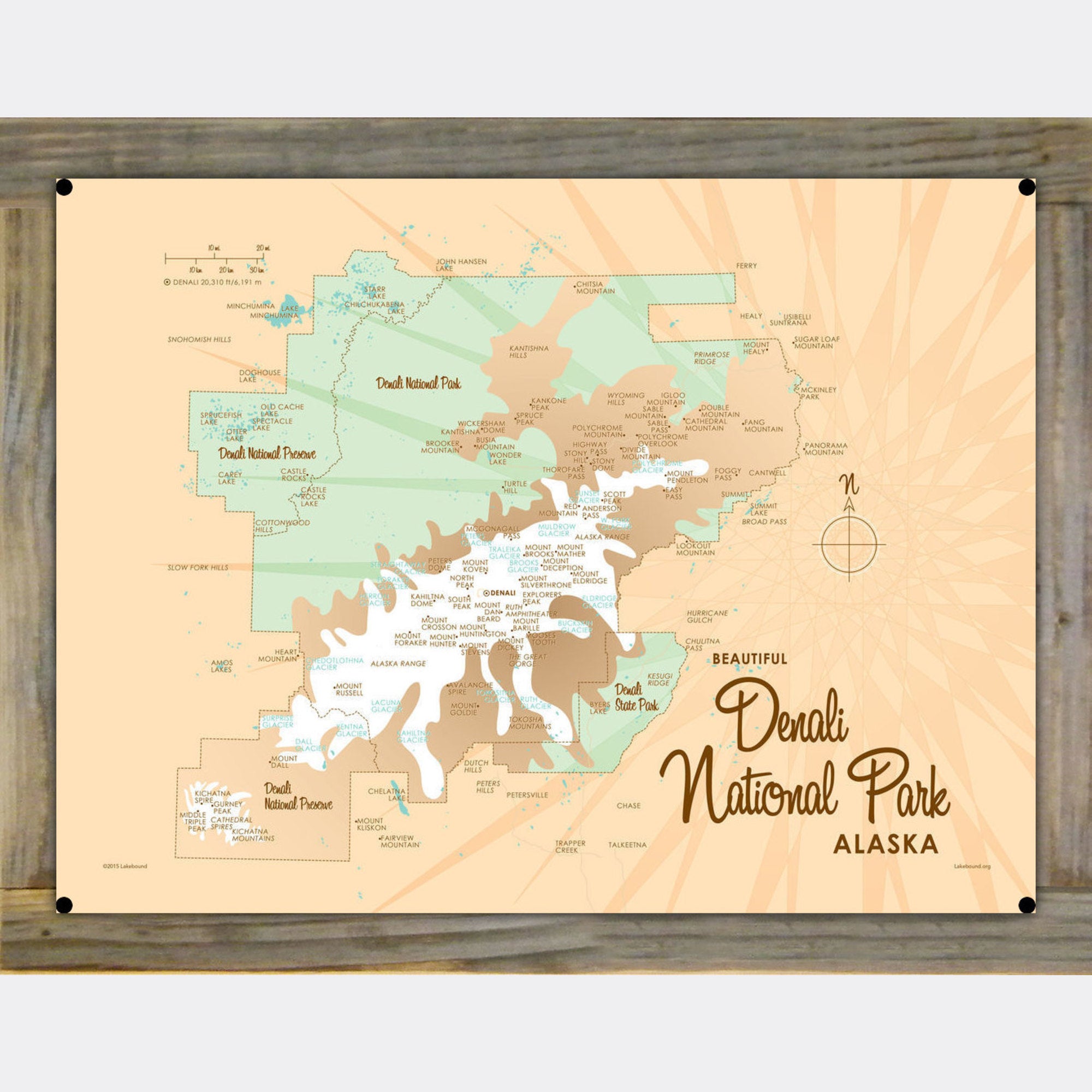 Denali National Park Alaska, Wood-Mounted Metal Sign Map Art