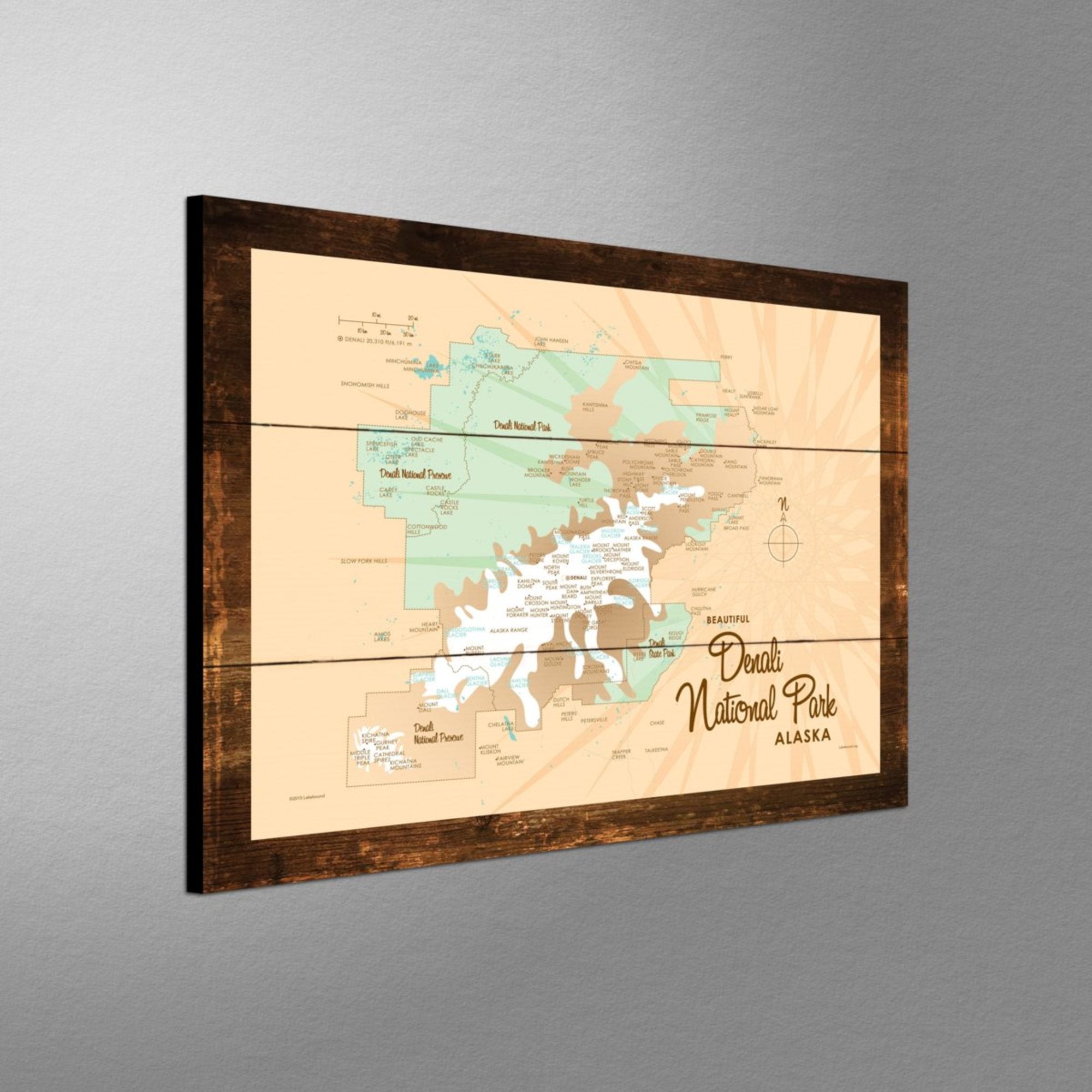 Denali National Park Alaska, Rustic Wood Sign Map Art