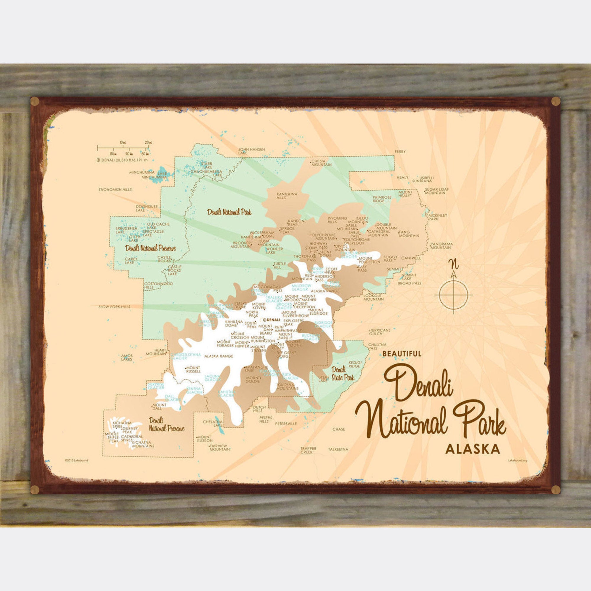 Denali National Park Alaska, Wood-Mounted Rustic Metal Sign Map Art