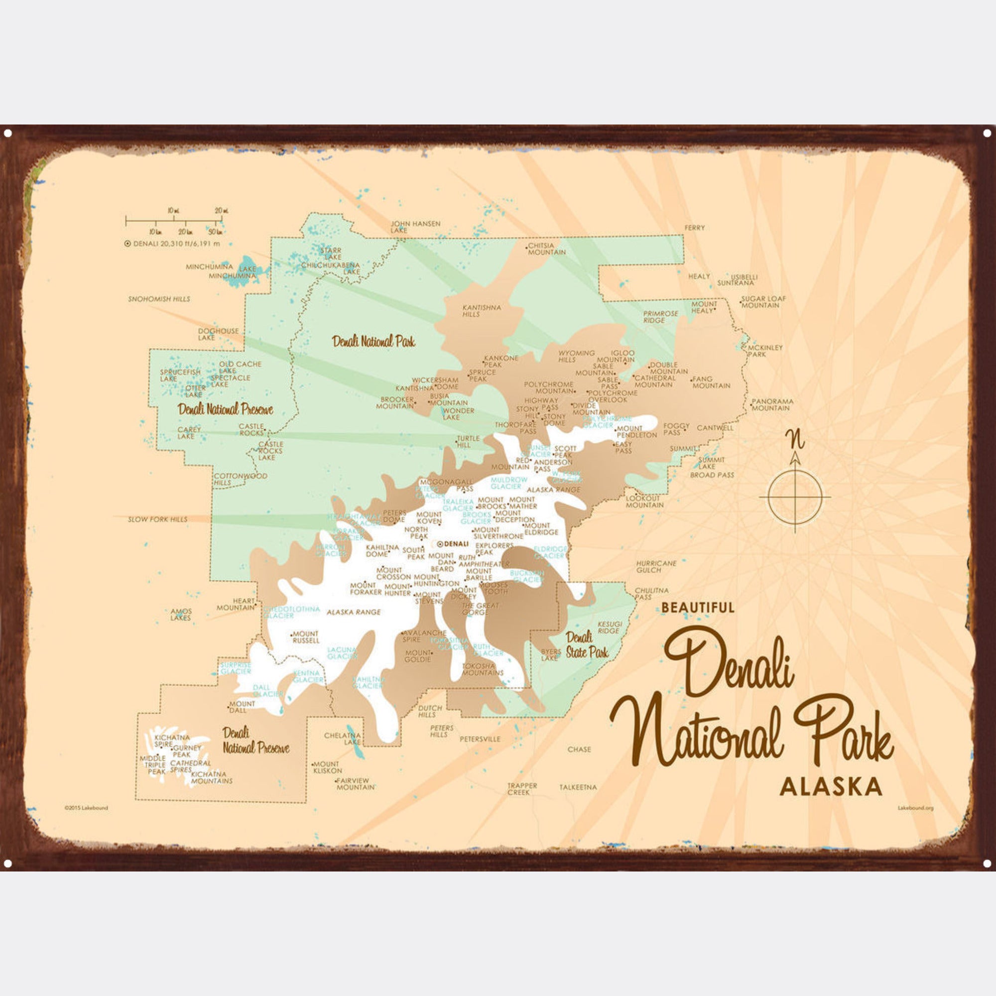 Denali National Park Alaska, Rustic Metal Sign Map Art
