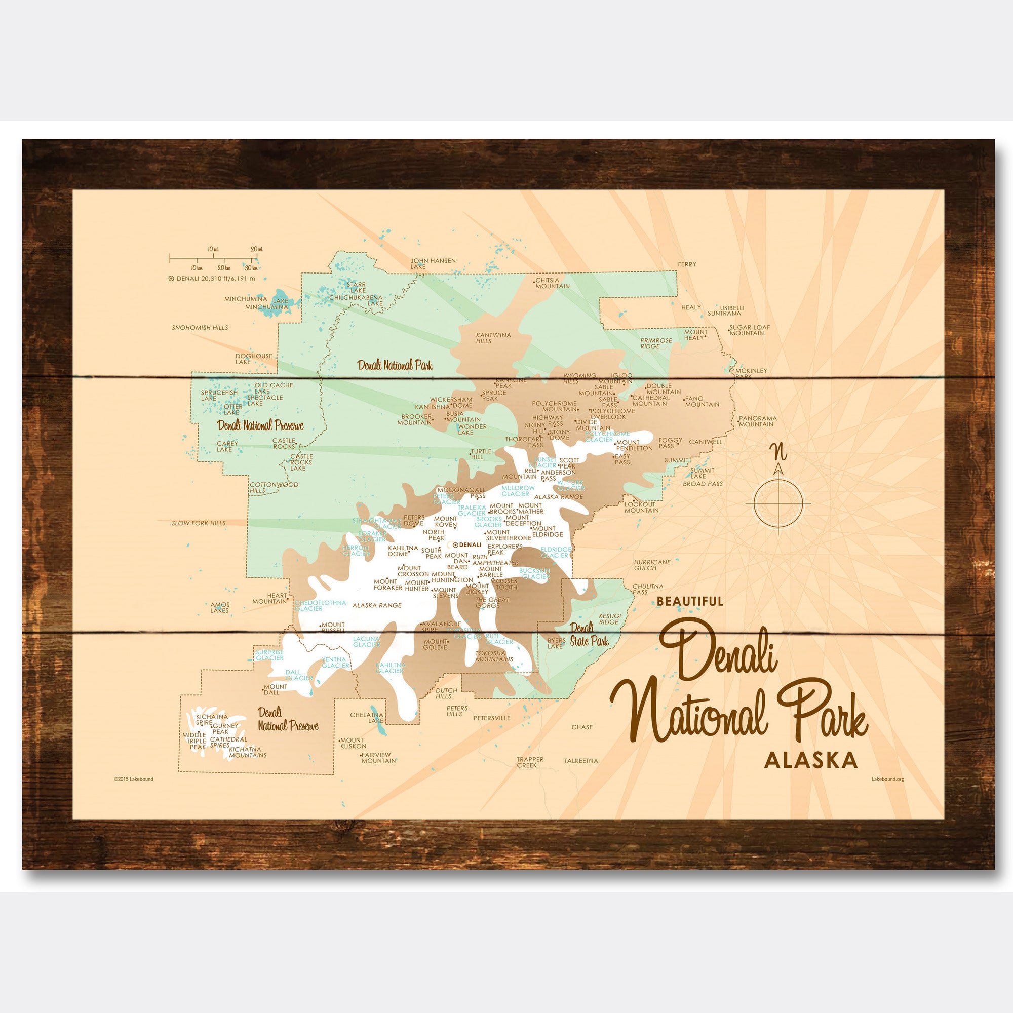 Denali National Park Alaska, Rustic Wood Sign Map Art