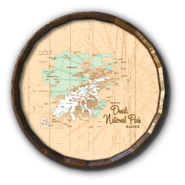 Denali National Park Alaska, Rustic Barrel End Map Art
