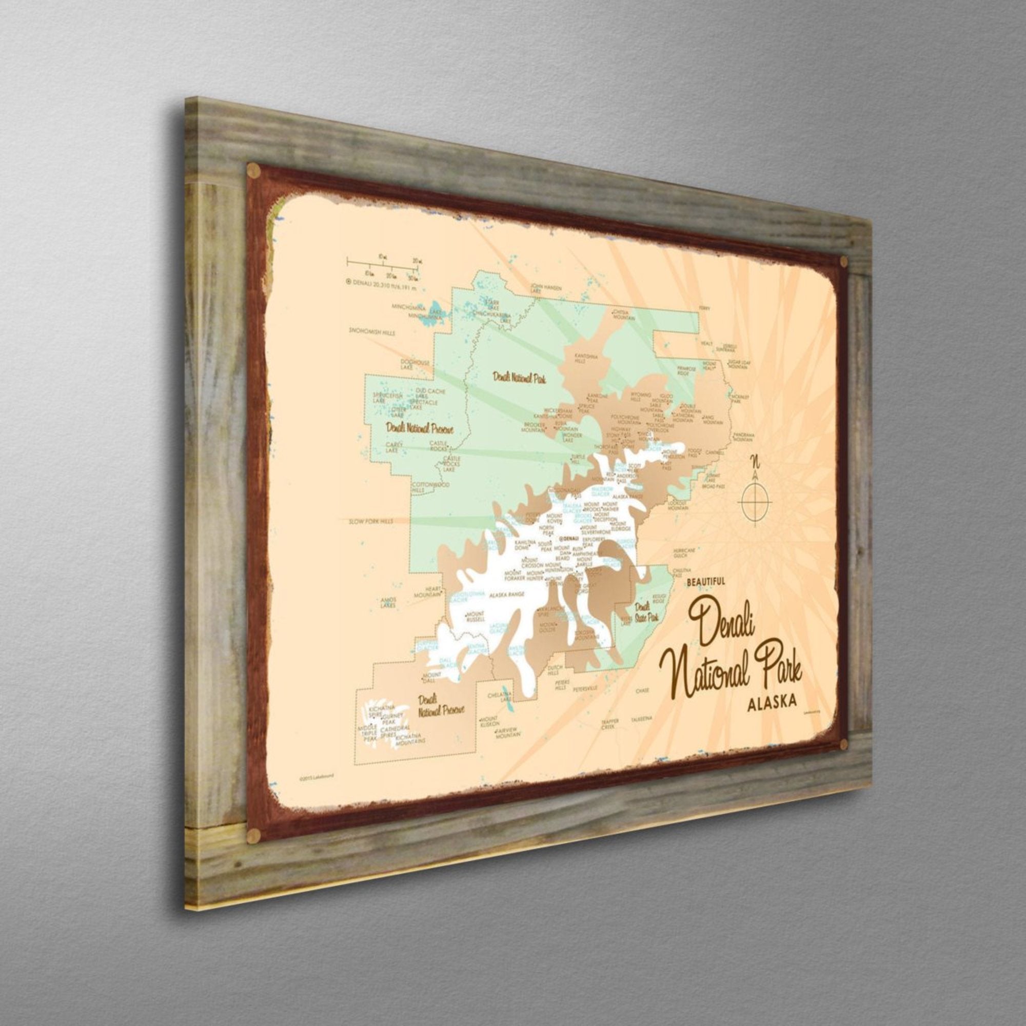 Denali National Park Alaska, Wood-Mounted Rustic Metal Sign Map Art