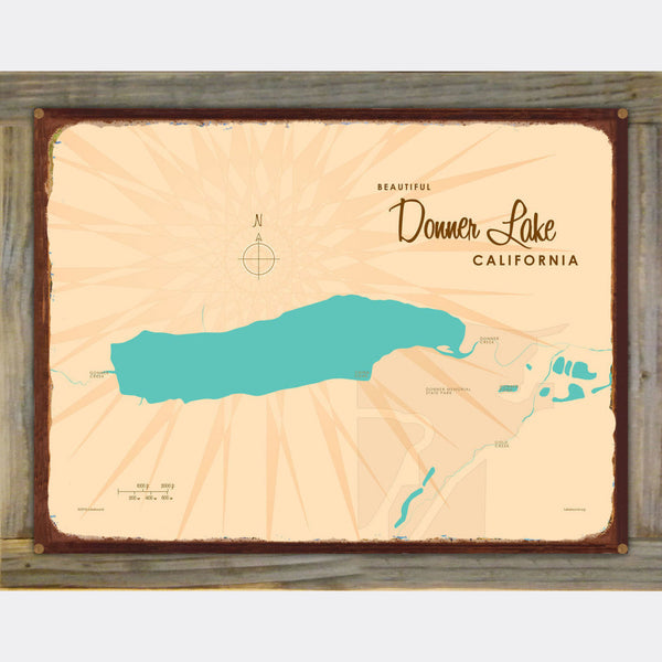 Donner Lake California, Wood-Mounted Rustic Metal Sign Map Art