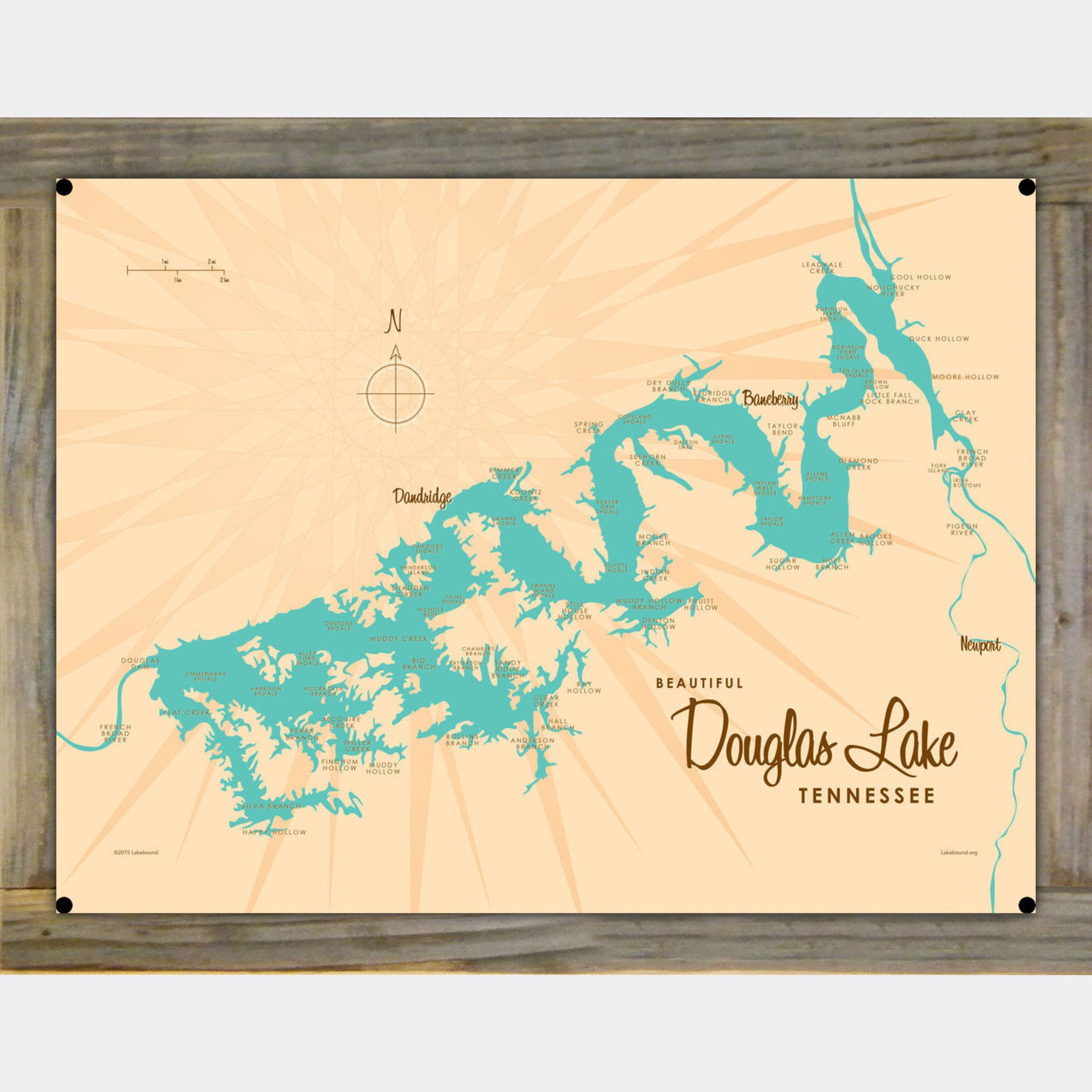 Douglas Lake Tennessee, Wood-Mounted Metal Sign Map Art