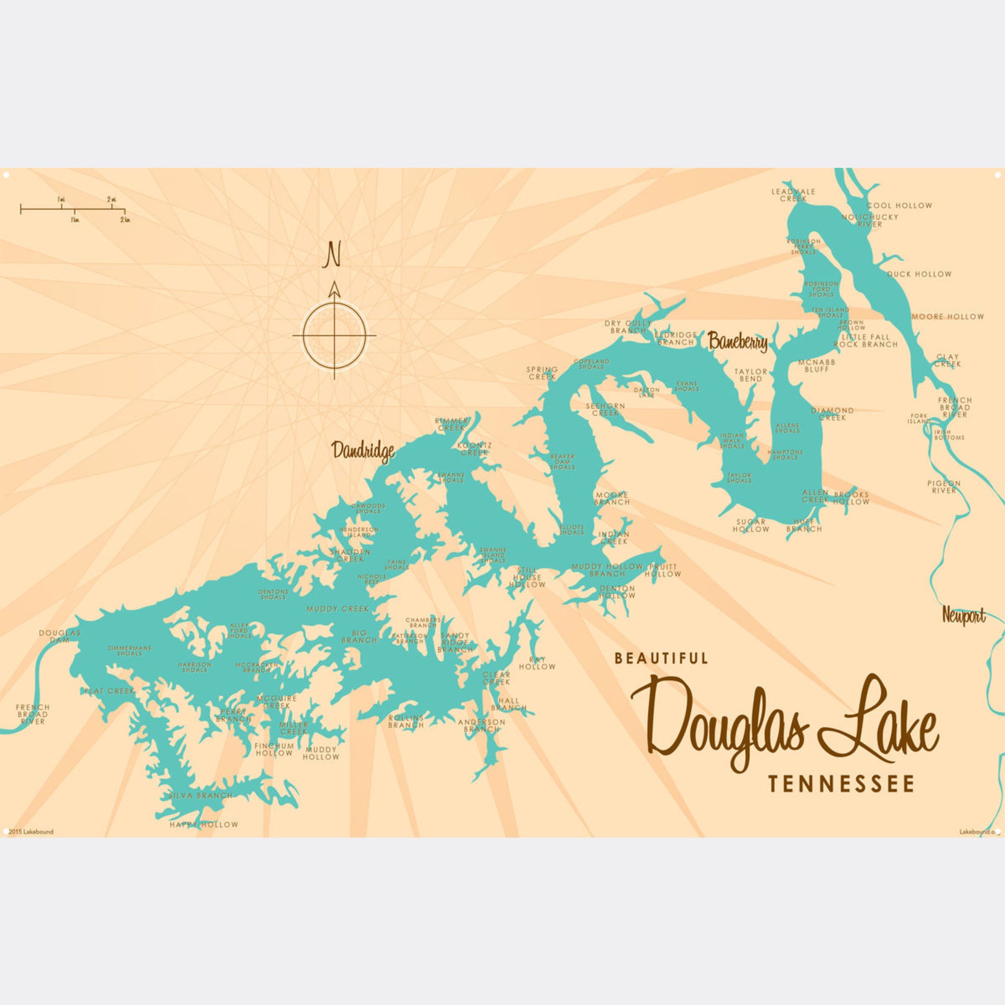 Douglas Lake Tennessee, Metal Sign Map Art