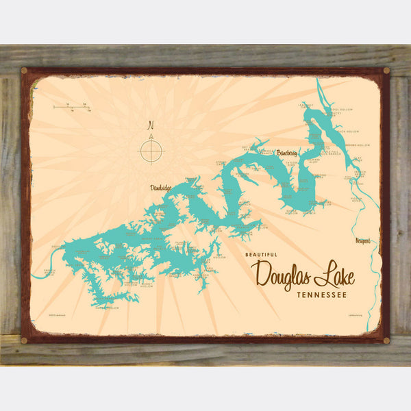 Douglas Lake Tennessee, Wood-Mounted Rustic Metal Sign Map Art
