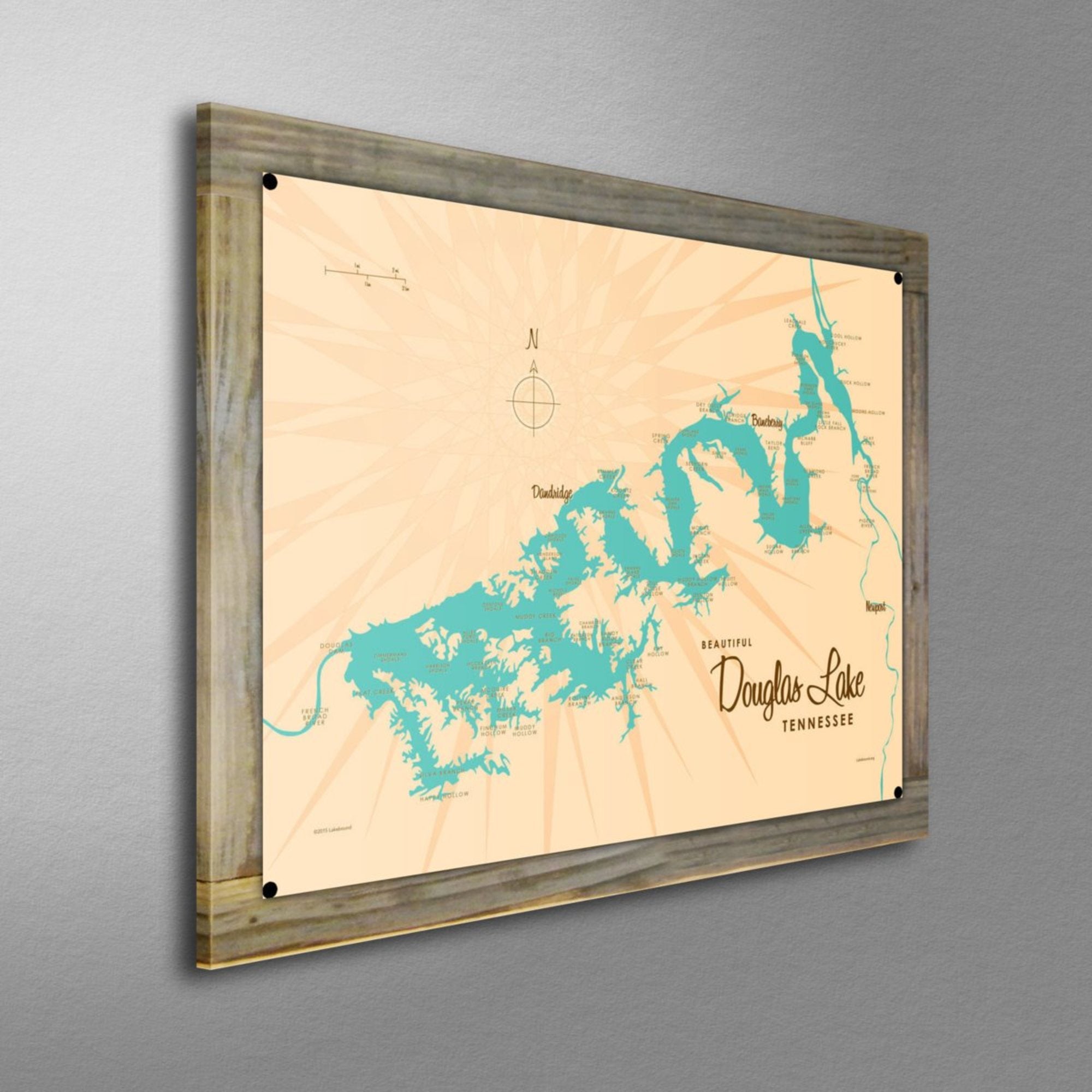 Douglas Lake Tennessee, Wood-Mounted Metal Sign Map Art
