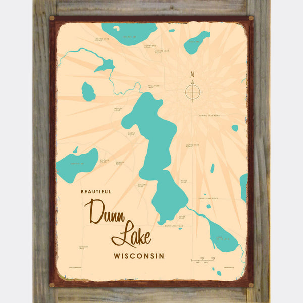 Dunn Lake Wisconsin, Wood-Mounted Rustic Metal Sign Map Art