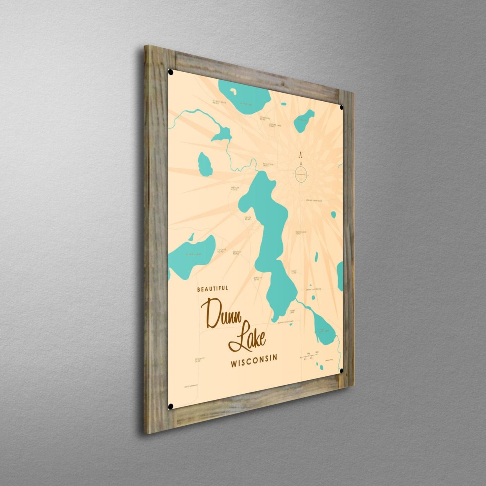 Dunn Lake Wisconsin, Wood-Mounted Metal Sign Map Art