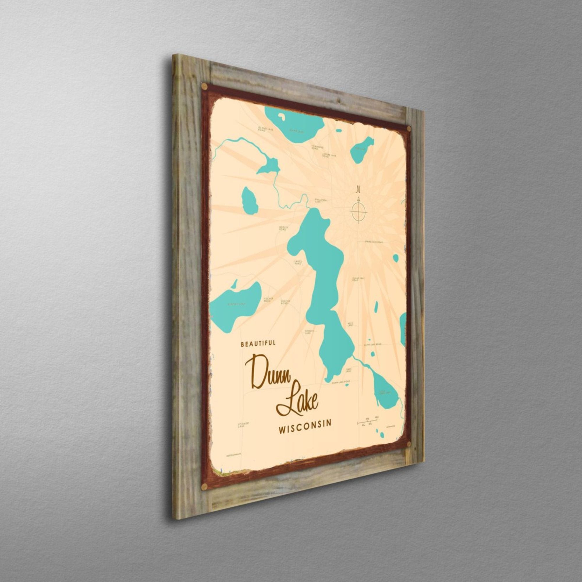 Dunn Lake Wisconsin, Wood-Mounted Rustic Metal Sign Map Art