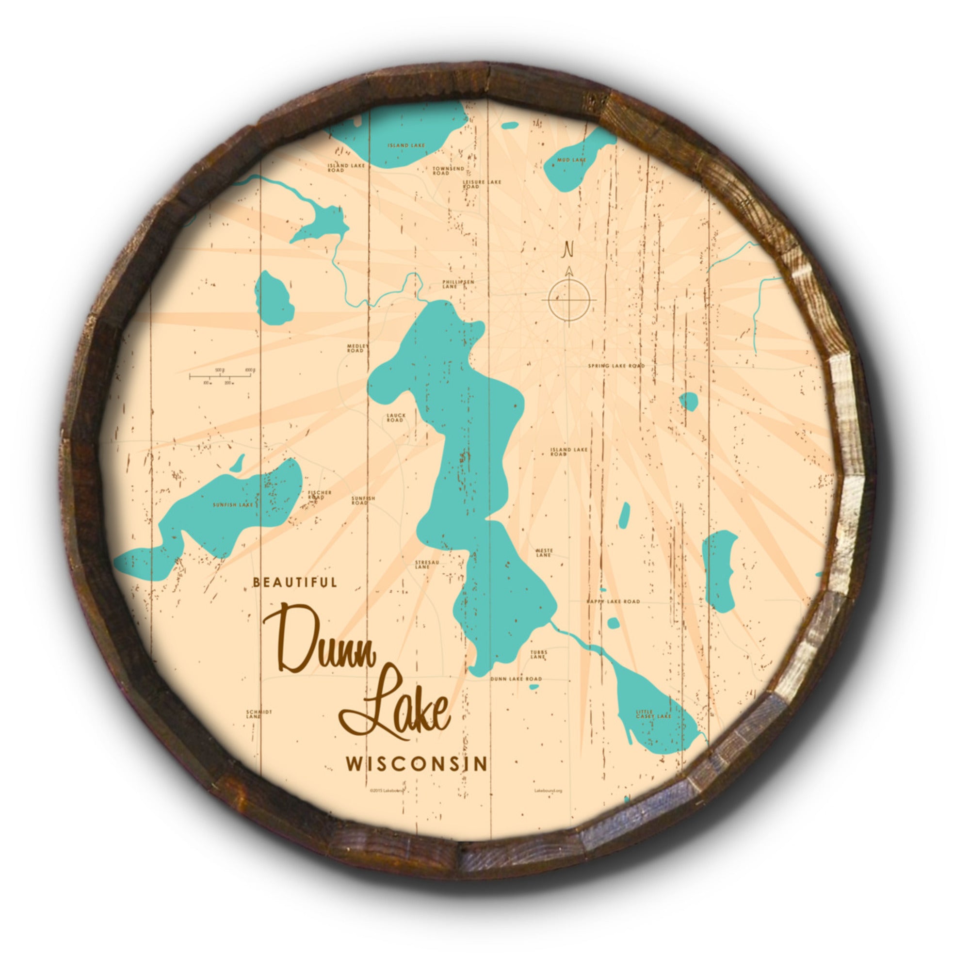 Dunn Lake Wisconsin, Rustic Barrel End Map Art