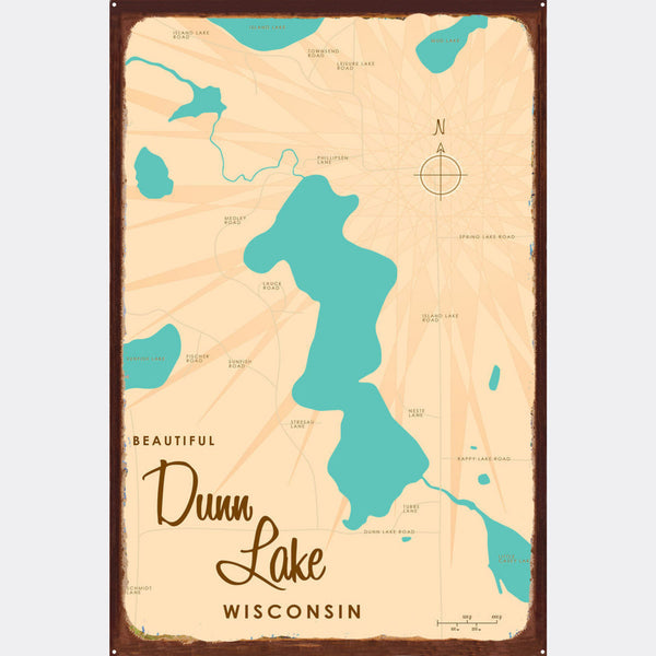 Dunn Lake Wisconsin, Rustic Metal Sign Map Art