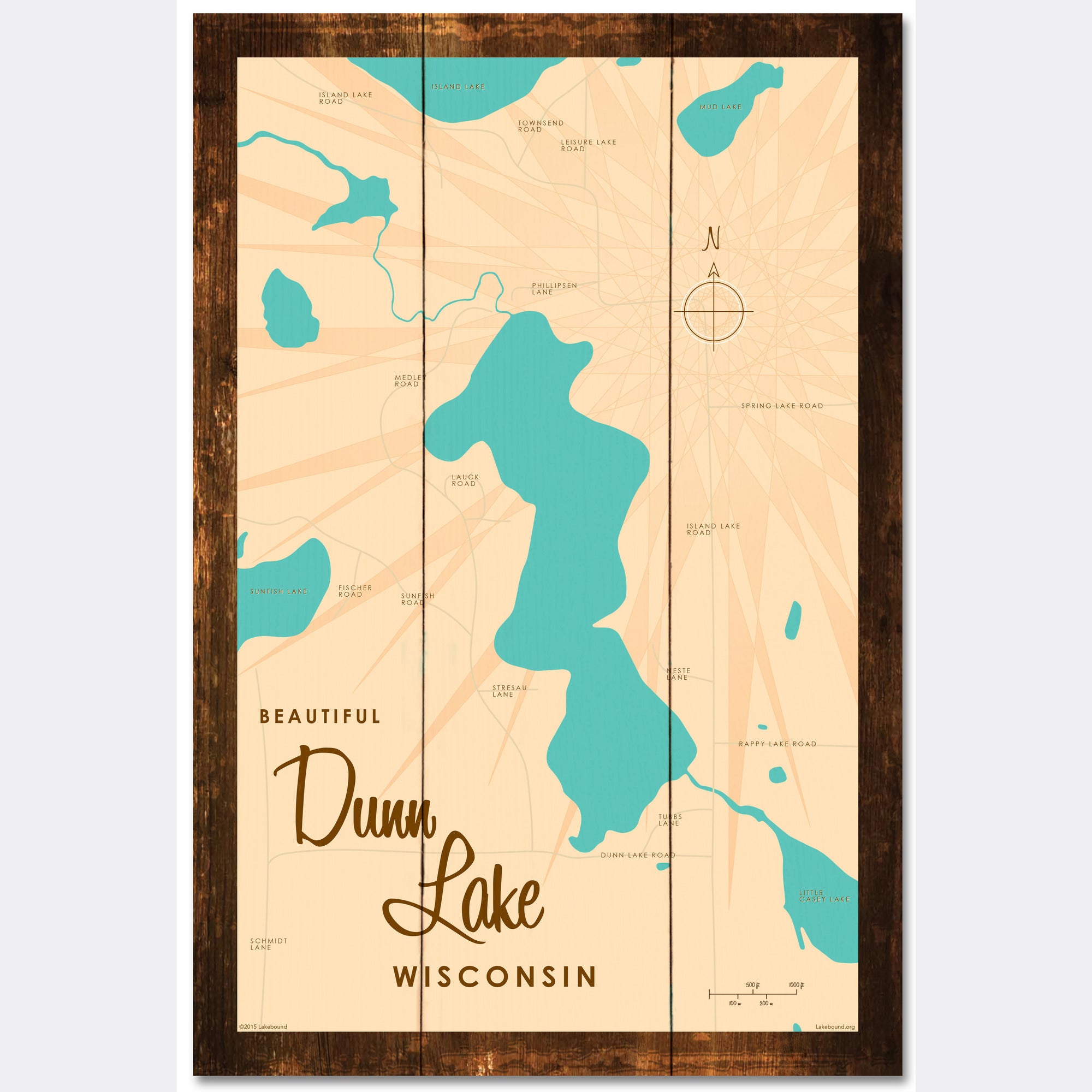 Dunn Lake Wisconsin, Rustic Wood Sign Map Art