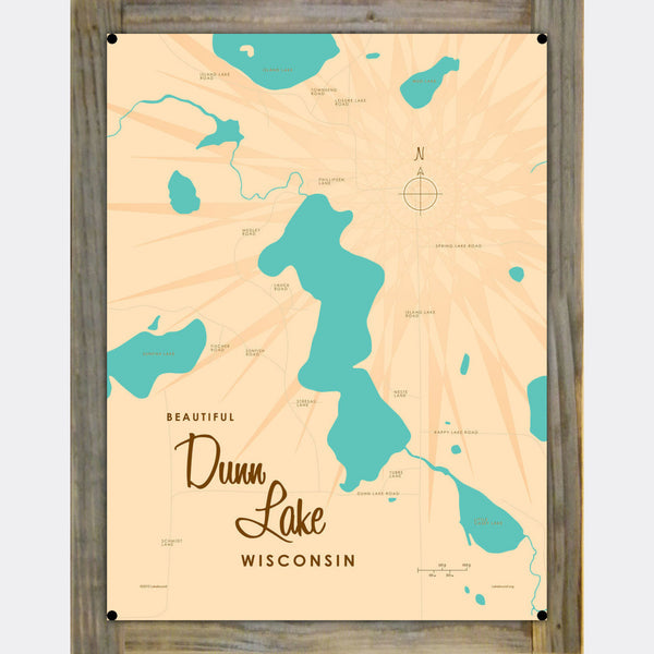 Dunn Lake Wisconsin, Wood-Mounted Metal Sign Map Art