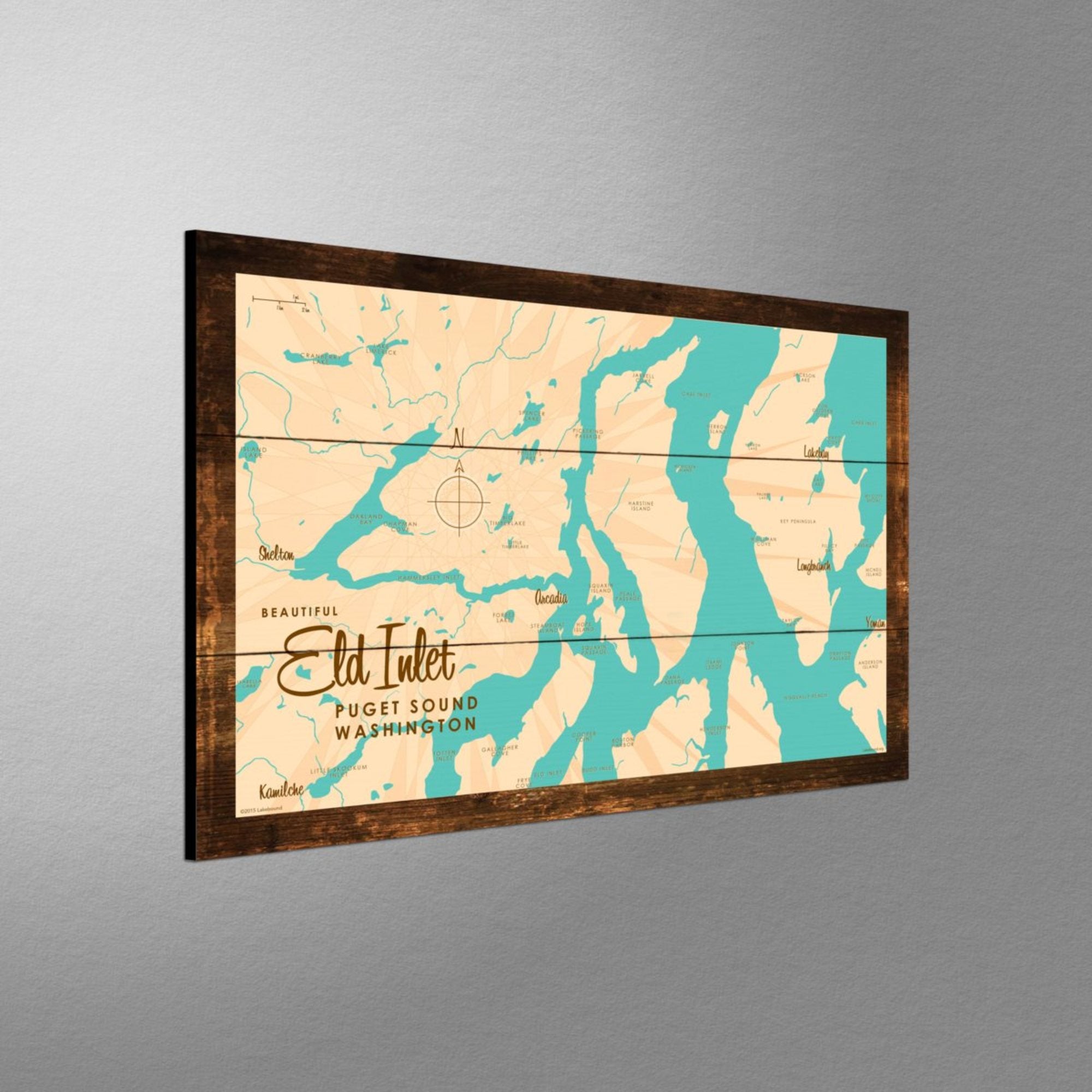 Eld Inlet, Washington, Rustic Wood Sign Map Art