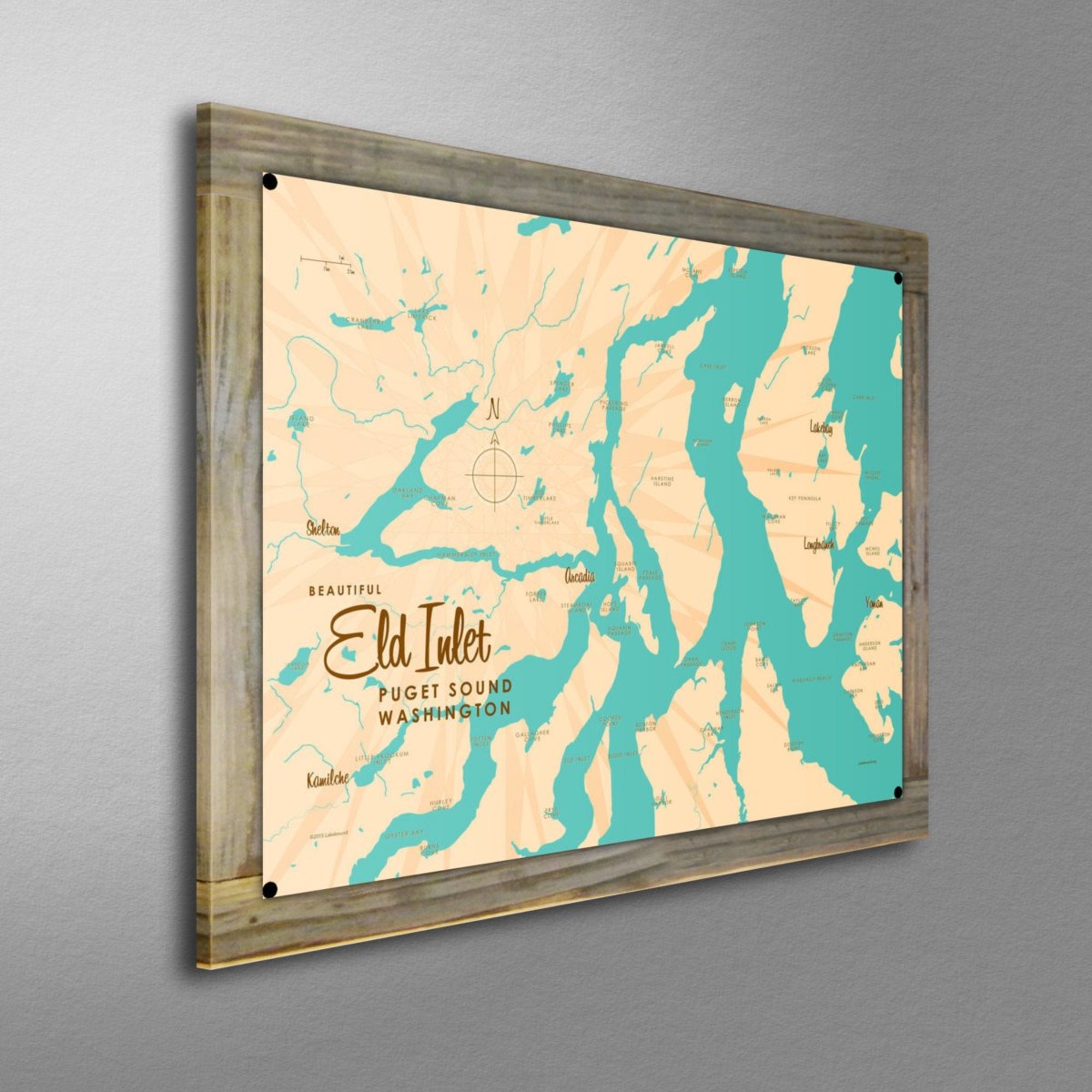 Eld Inlet Washington, Wood-Mounted Metal Sign Map Art