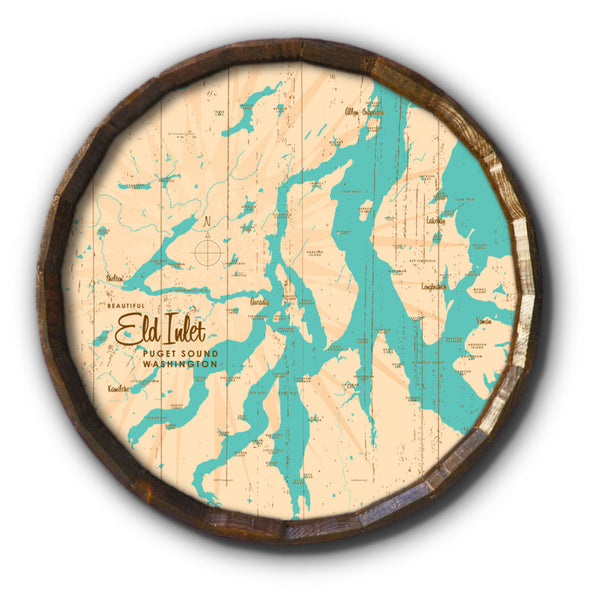 Eld Inlet, Washington, Rustic Barrel End Map Art