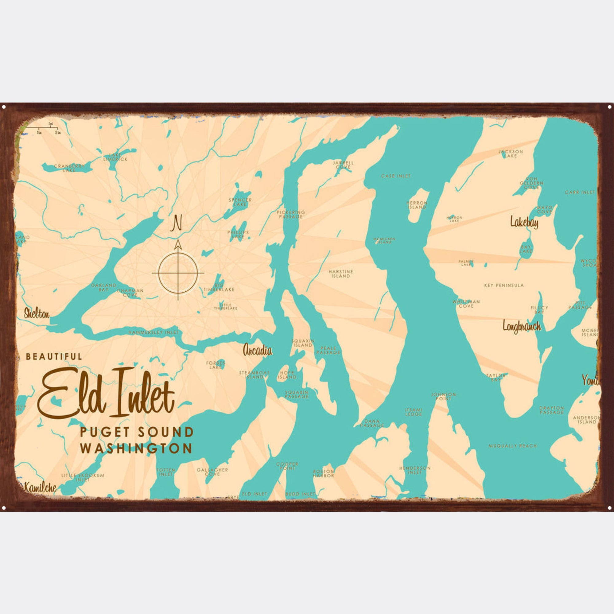 Eld Inlet Washington, Rustic Metal Sign Map Art