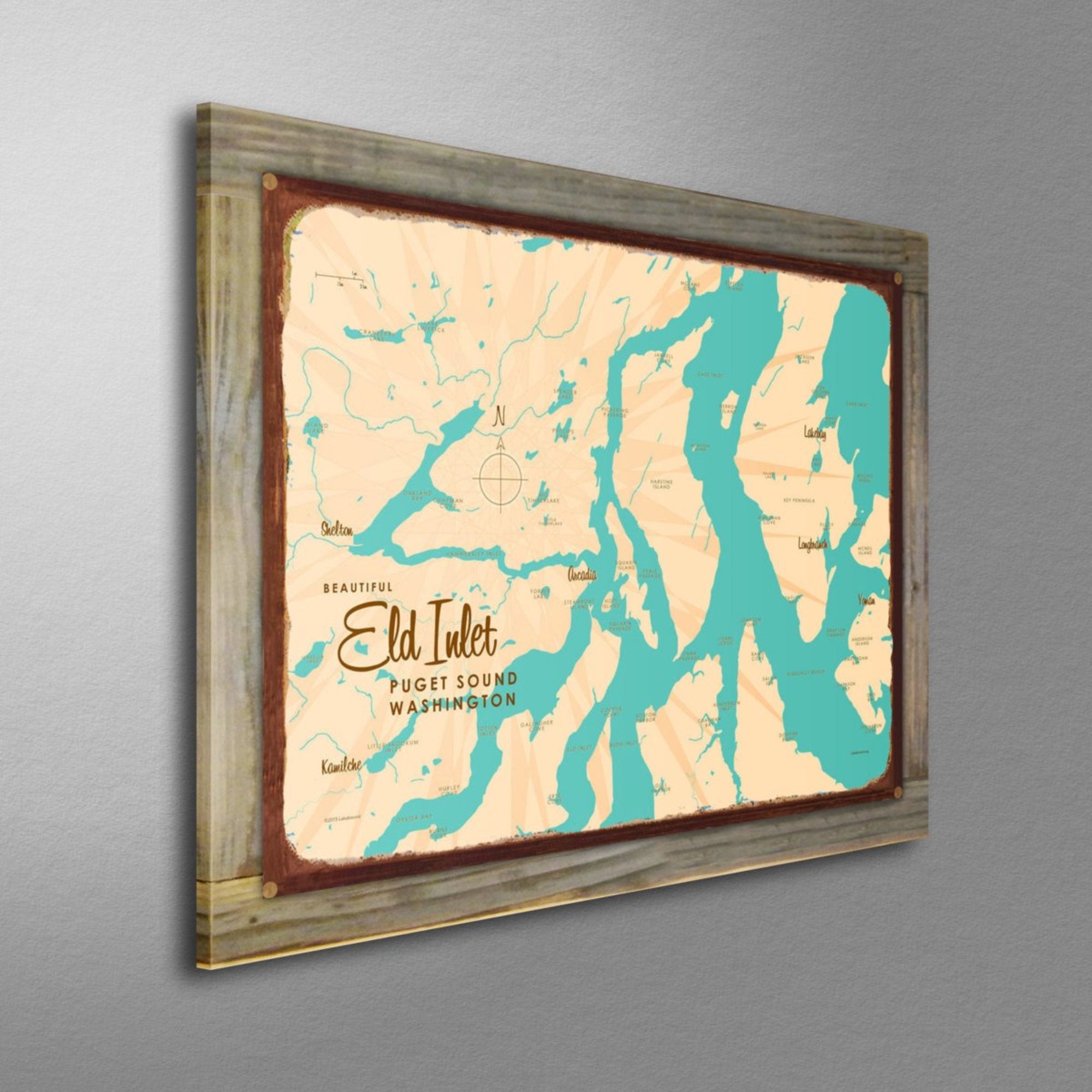 Eld Inlet Washington, Wood-Mounted Rustic Metal Sign Map Art