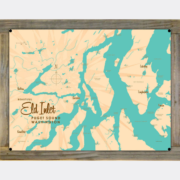 Eld Inlet Washington, Wood-Mounted Metal Sign Map Art