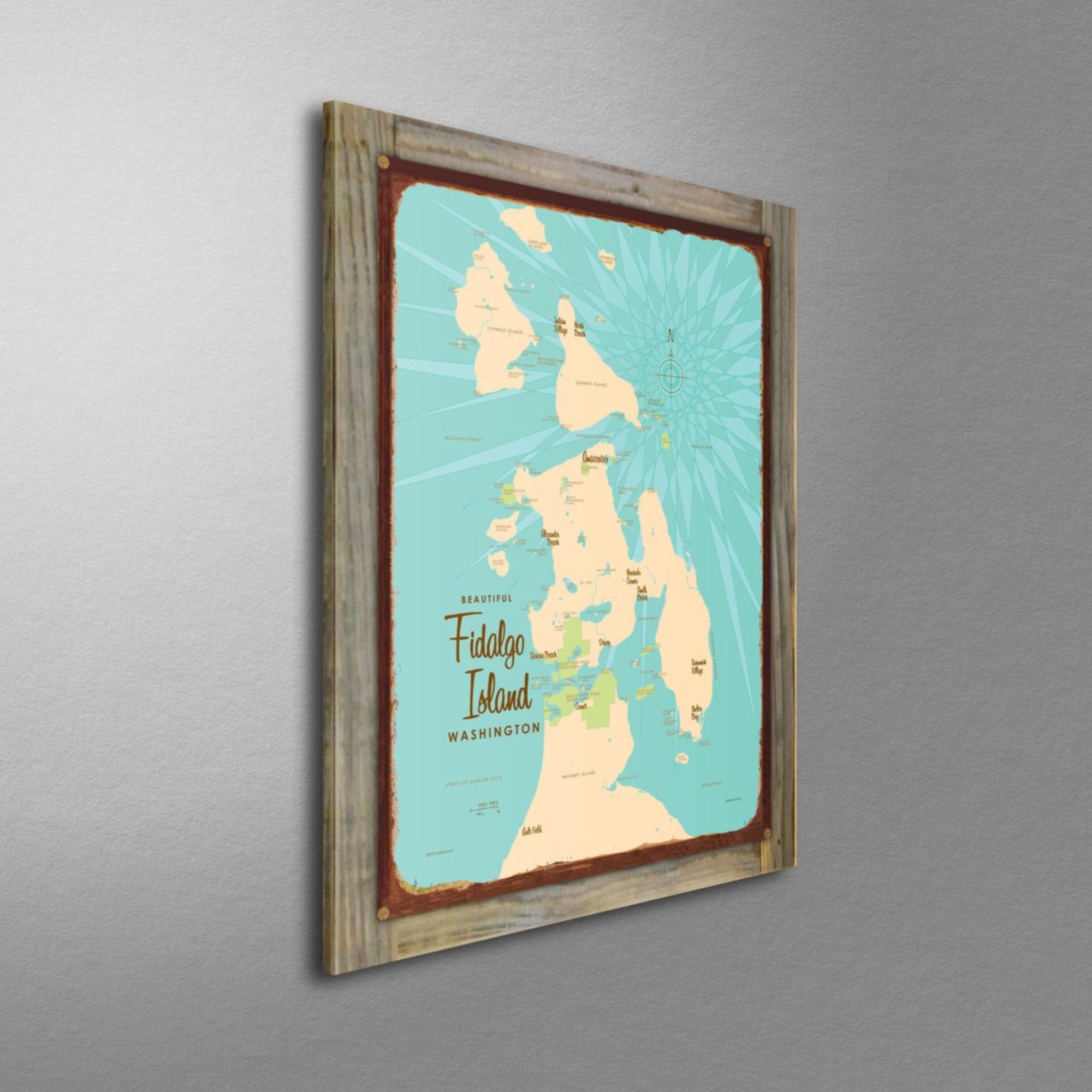 Fidalgo Island Washington, Wood-Mounted Rustic Metal Sign Map Art