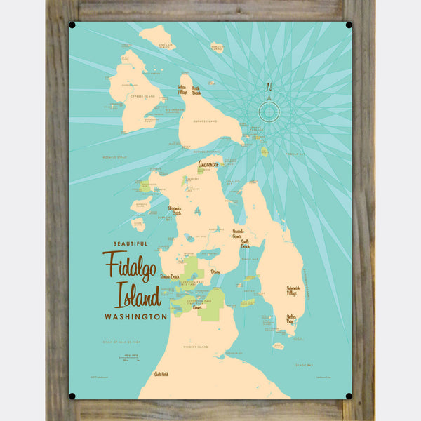 Fidalgo Island Washington, Wood-Mounted Metal Sign Map Art