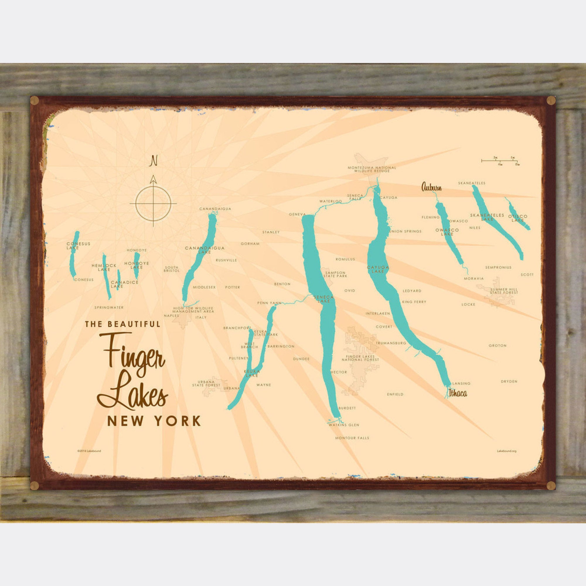 Finger Lakes New York, Wood-Mounted Rustic Metal Sign Map Art