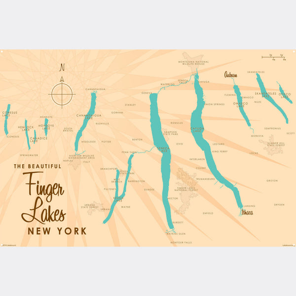 Finger Lakes New York, Metal Sign Map Art