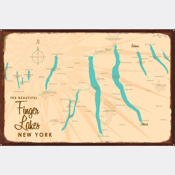 Finger Lakes New York, Rustic Metal Sign Map Art