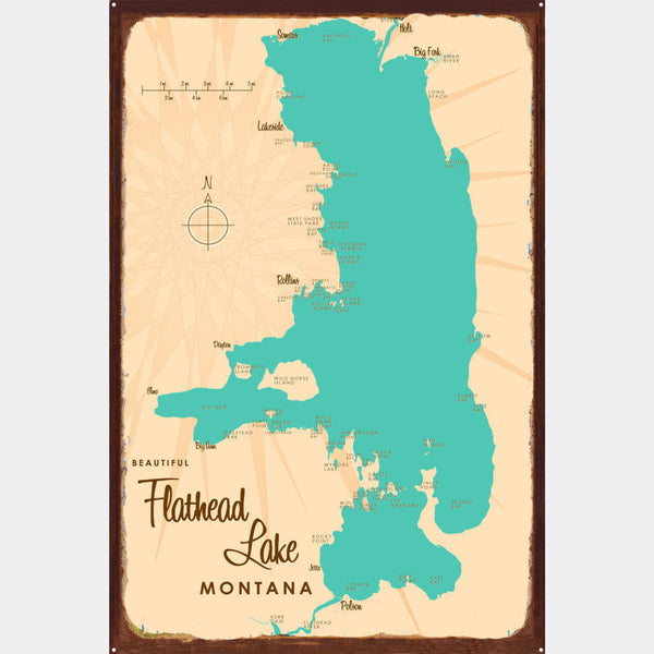 Flathead Lake Montana, Rustic Metal Sign Map Art