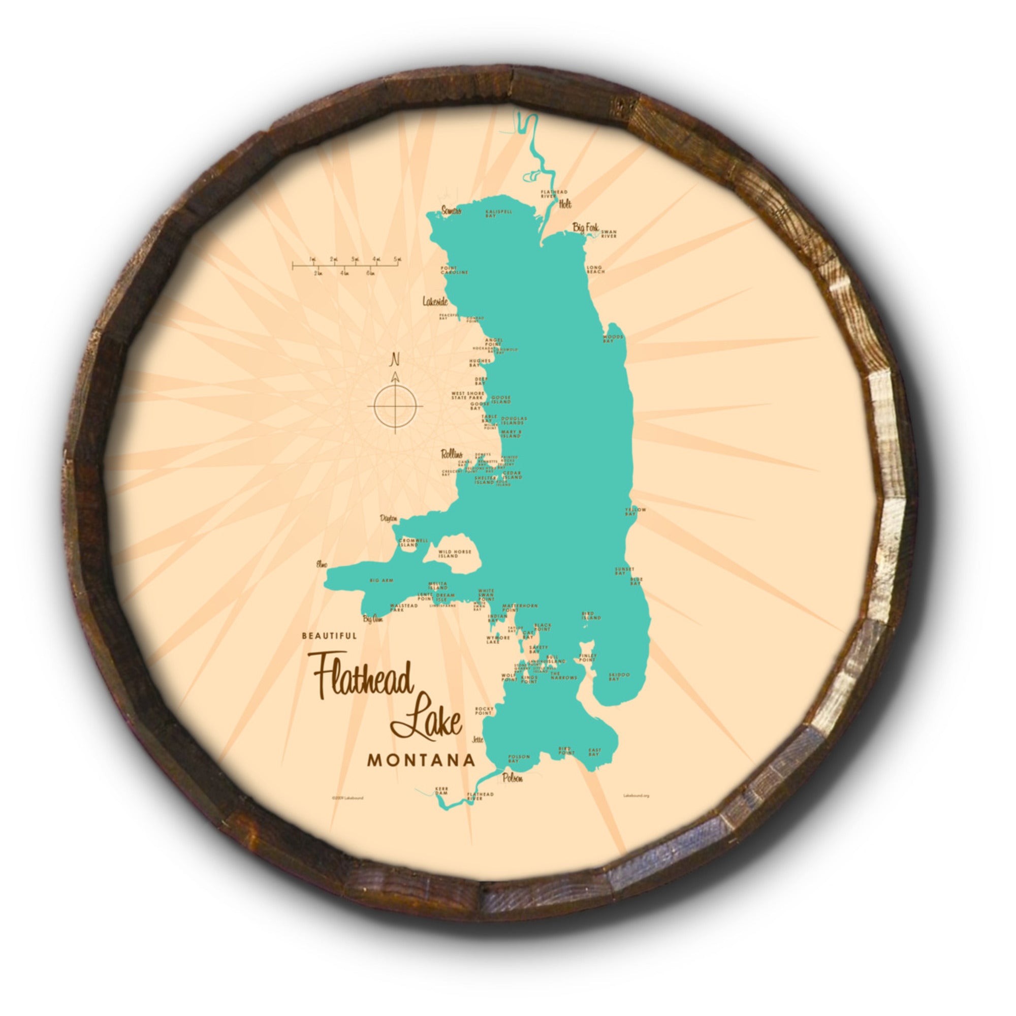 Flathead Lake Montana, Barrel End Map Art
