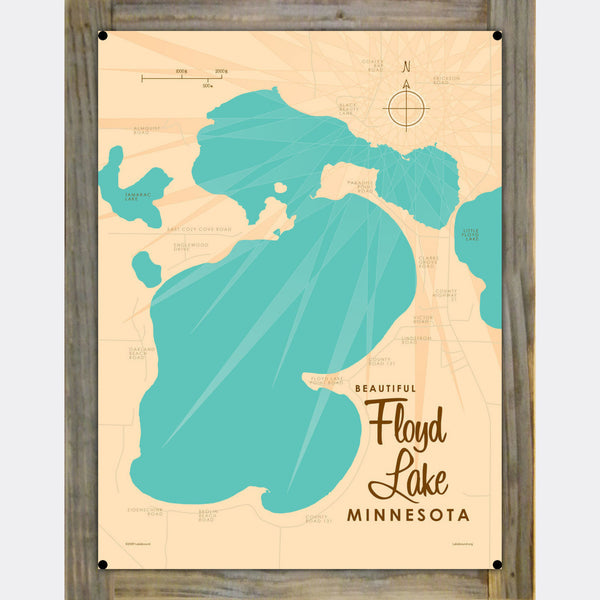 Floyd Lake Minnesota, Wood-Mounted Metal Sign Map Art