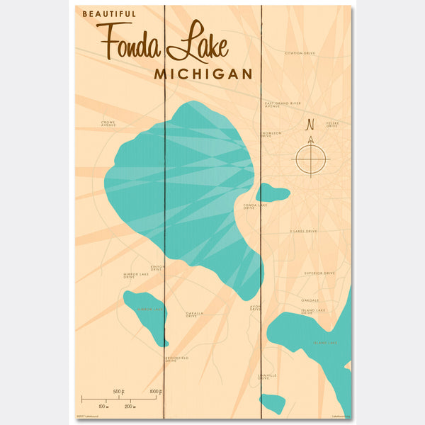 Fonda Lake Michigan, Wood Sign Map Art