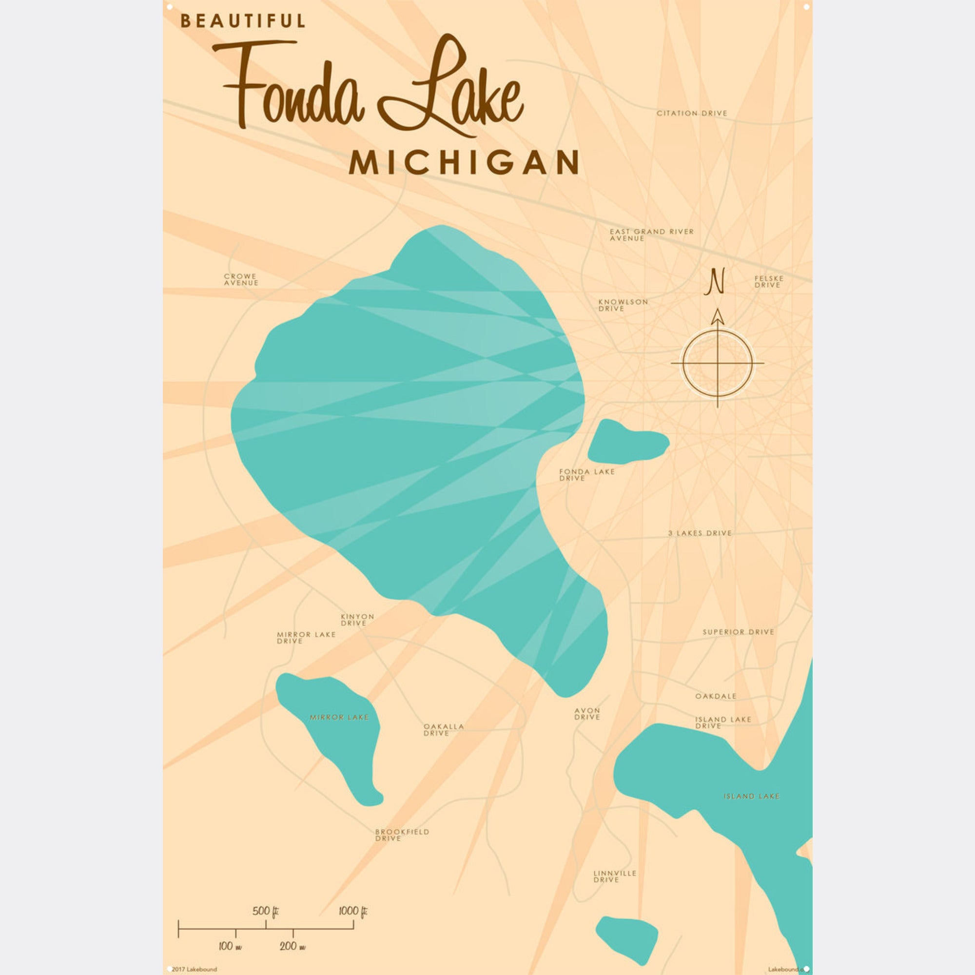 Fonda Lake Michigan, Metal Sign Map Art