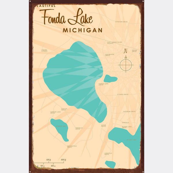 Fonda Lake Michigan, Rustic Metal Sign Map Art