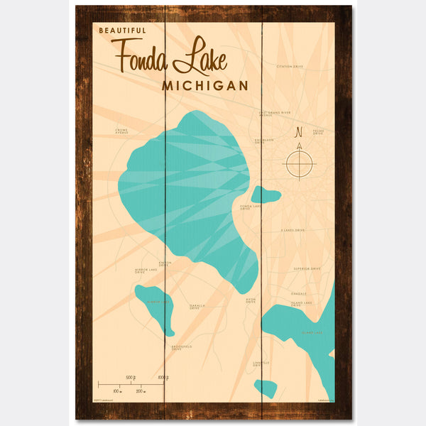 Fonda Lake Michigan, Rustic Wood Sign Map Art